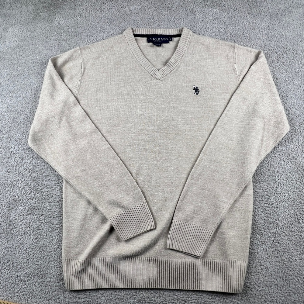 U.S. Polo Assn. V-Neck Sweater Mens Medium‎ Tan Knit Preppy Classic